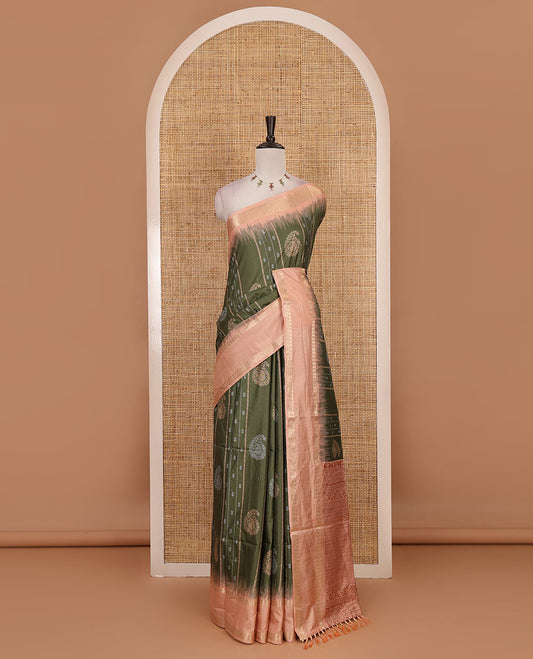 Olive green floral, manga and striped katan silk saree, contrast rettai pettu temple border of diamond and Greek key design, jaal pallu, and contrast printed blouse