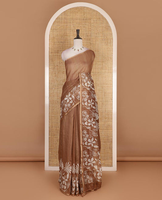 Brown plain Chanderi silk saree, floral vine, and sparrow motifs printed skirt border, and pallu, floral motifs printed blouse