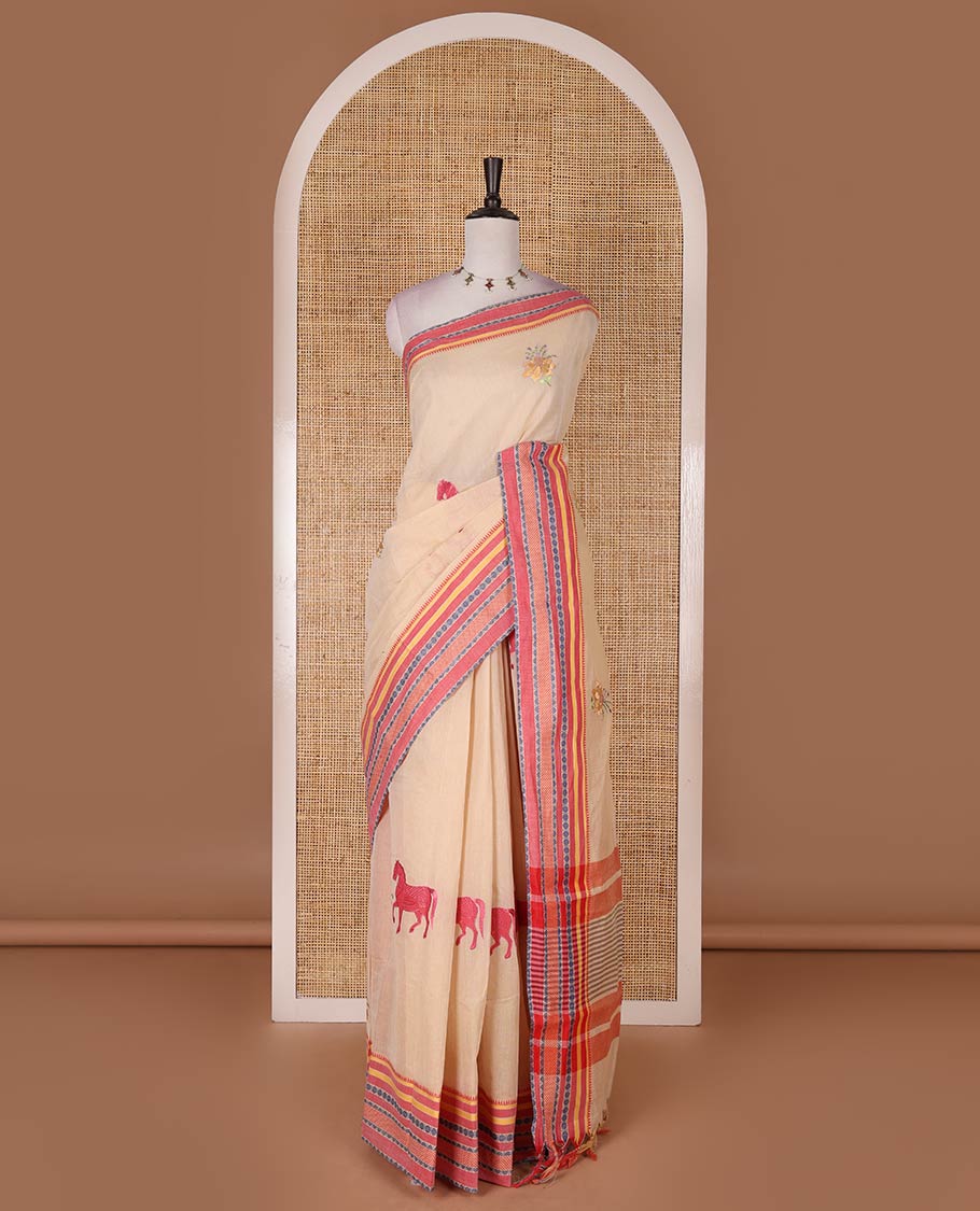 Chikku and red flora-fauna motifs thread embroidered Mangalagiri cotton saree, contrast traditional thread border, striped pallu, and contrast traditional border blouse