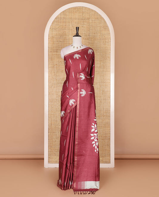 Maroon jasmine bud motifs printed kathan silk saree, double-headed eagle motif zari piping border, pichwai cow printed pallu, and floral printed blouse