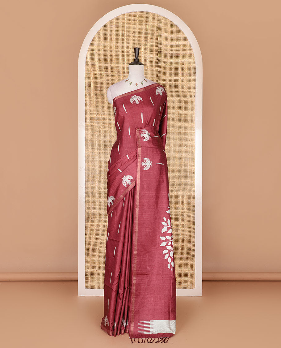 Maroon jasmine bud motifs printed kathan silk saree, double-headed eagle motif zari piping border, pichwai cow printed pallu, and floral printed blouse