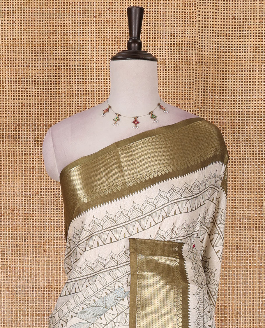 Cream-green flora, fauna, and geometric madhubani printed soft tussar saree, contrast zari border, peacock print pallu, and printed blouse