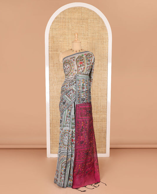 Borderless grey and pink Warli village printed khadi mul cotton saree, contrast Warli motifs printed pallu, and a plain blouse
