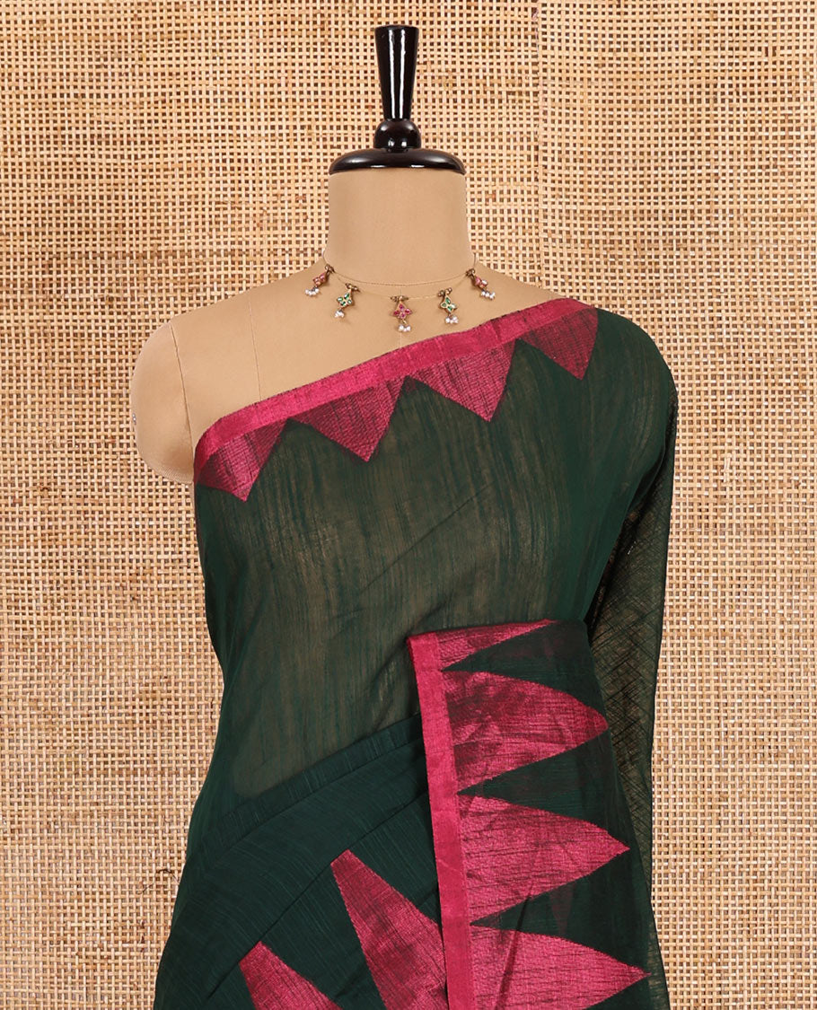 Green and pink plain khadi mul cotton saree, contrast thread temple border, plain pallu, and a contrast plain blouse