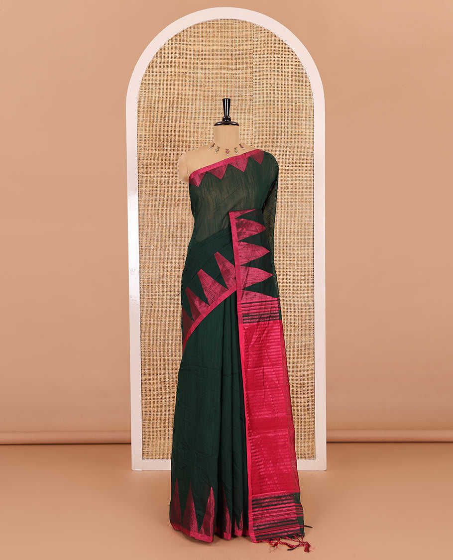 Green and pink plain khadi mul cotton saree, contrast thread temple border, plain pallu, and a contrast plain blouse