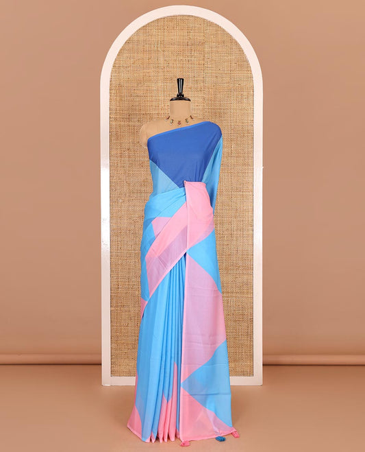 Borderless blue plain moss chiffon saree, contrast double-sided temple border, self-pallu, and diamond-patterned printed blouse