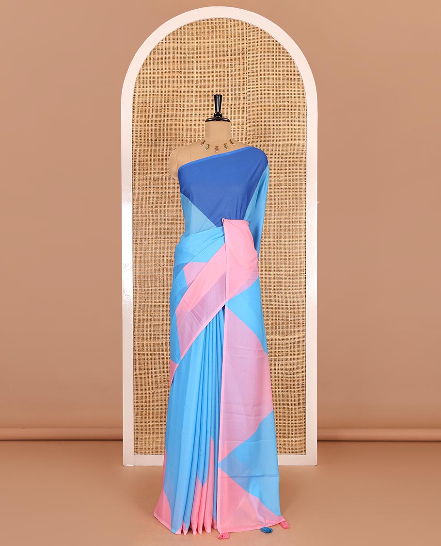 Borderless blue plain moss chiffon saree, contrast double-sided temple border, self-pallu, and diamond-patterned printed blouse