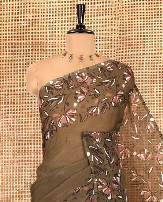 Olive green plain fendy chiffon saree, double-side floral motifs printed border, self-pallu, and no blouse