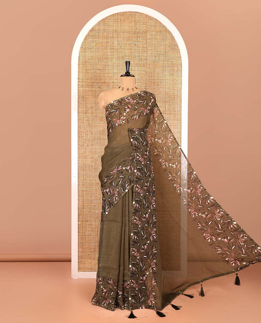 Olive green plain fendy chiffon saree, double-side floral motifs printed border, self-pallu, and no blouse