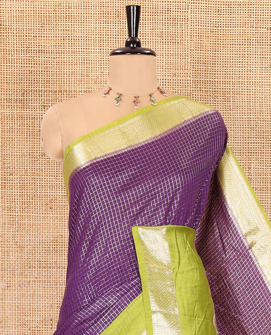 Violet zari checked Assam cotton saree, contrast traditional zari design border, zari design pallu, and a contrast zari design blouse