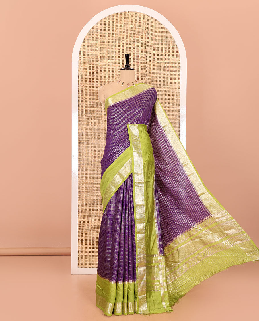Violet zari checked Assam cotton saree, contrast traditional zari design border, zari design pallu, and a contrast zari design blouse