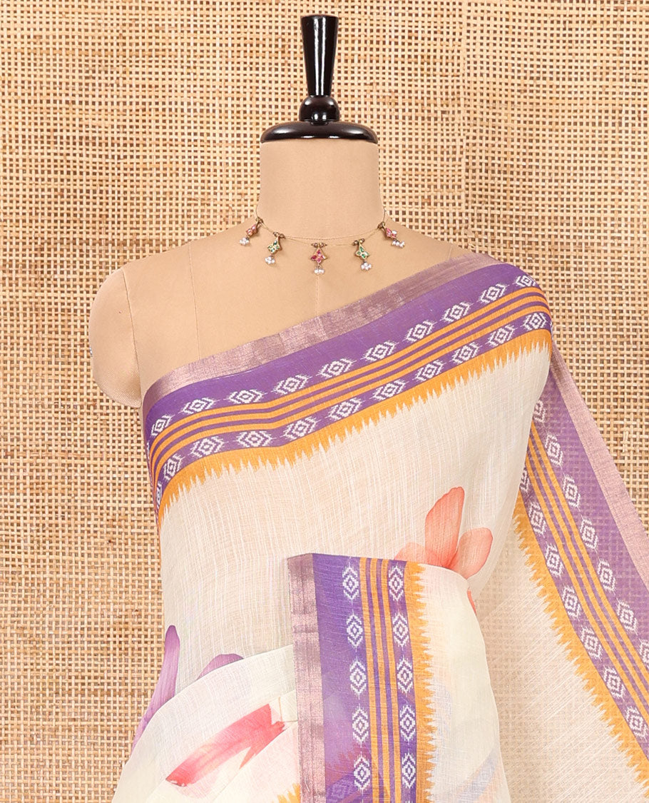 Peach and violet color butterfly motifs printed linen-cotton saree with contrast geometric-printed border and a printed blouse