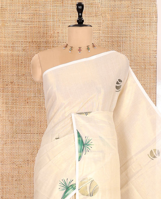 Gold-Green Kerala Cotton Saree Subtly Sparked with Handblock-Printed Motifs, Featuring a Self Pallu with Unique Motifs Handblock Prints, and Paired with a Matching Plain Blouse