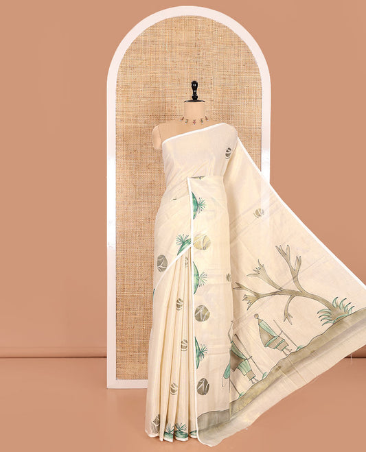 Gold-Green Kerala Cotton Saree Subtly Sparked with Handblock-Printed Motifs, Featuring a Self Pallu with Unique Motifs Handblock Prints, and Paired with a Matching Plain Blouse