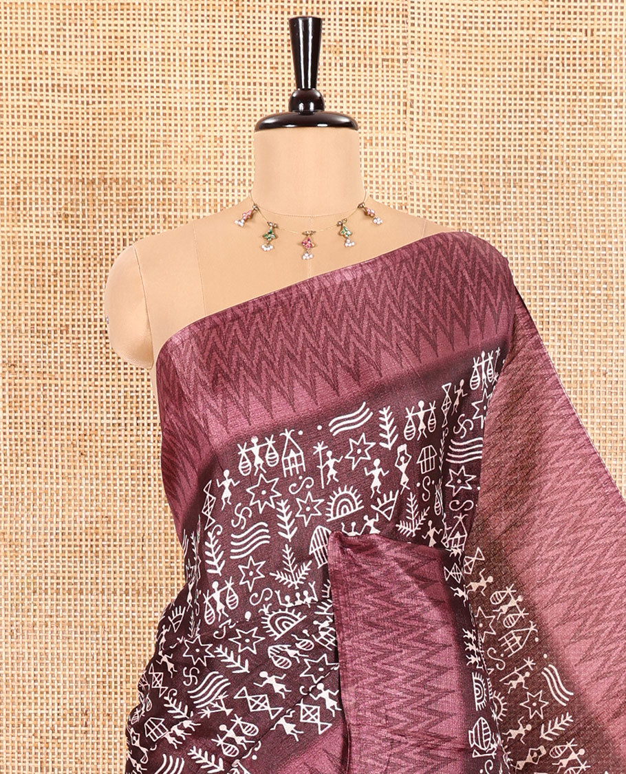 Wine Art Khadi Cotton Saree Highlighted by Warli-Village Theme Print, Complemented with a Contrasting Chevron-Printed Border, Vibrantly Warli-Printed Pallu, and a Plain Blouse