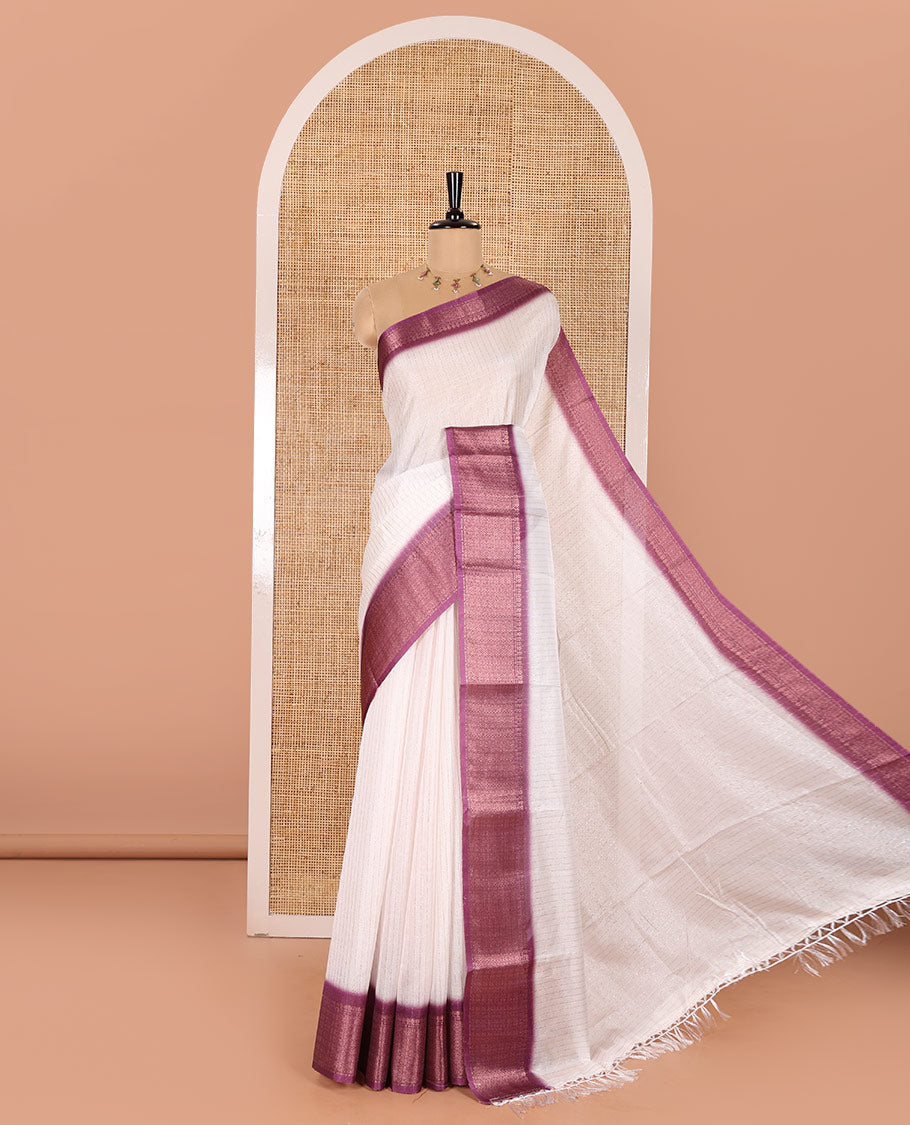 White and Purple Dola Silk Saree Embellished with Vertical Zari Stripes All Over the Body, Complemented by a Contrast Border of Traditional Zari Designs, Self-Pallu of Stripes, and Paired with a Contrast Blouse