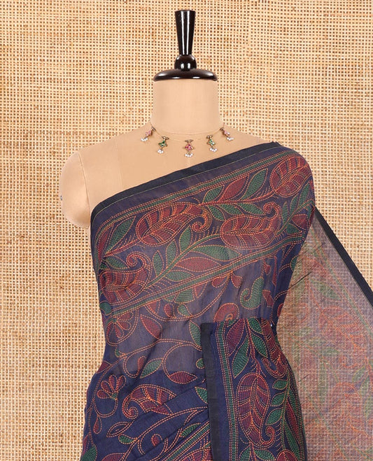 Navy Blue Cotton Saree Beautifully Bedecked with Kalamkari-Style Paisley-Floral Prints, Subtly Sparkled with Self-Border of Floral Creeper Designs, Complemented by Contrast Paisley-Floral Vine Pallu, and Paired with a Contrast Printed Blouse