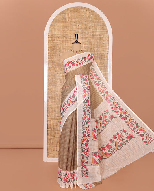 Green Linen Cotton Saree, Adorned with Checks All Over Its Body, Complemented by a Contrast Border of Floral and Bird Designs, Pallu Mirrors the Same Print, and Is Paired with a Contrast Floral Printed Blouse