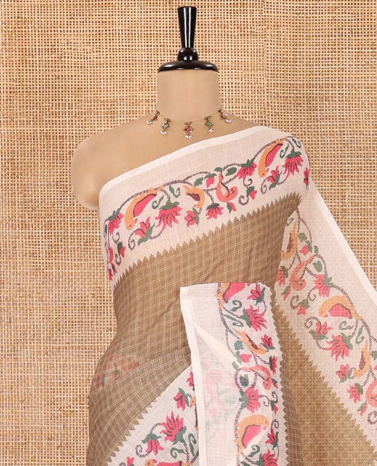 Green Linen Cotton Saree, Adorned with Checks All Over Its Body, Complemented by a Contrast Border of Floral and Bird Designs, Pallu Mirrors the Same Print, and Is Paired with a Contrast Floral Printed Blouse