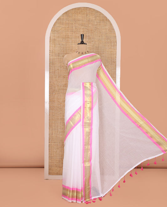 White Plain Khadi Mul Cotton Saree, Complemented by a Contrast Zari Border, Subtle Self-Pallu, and Paired with a Running Blouse