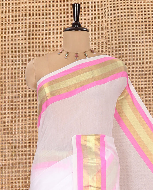 White Plain Khadi Mul Cotton Saree, Complemented by a Contrast Zari Border, Subtle Self-Pallu, and Paired with a Running Blouse