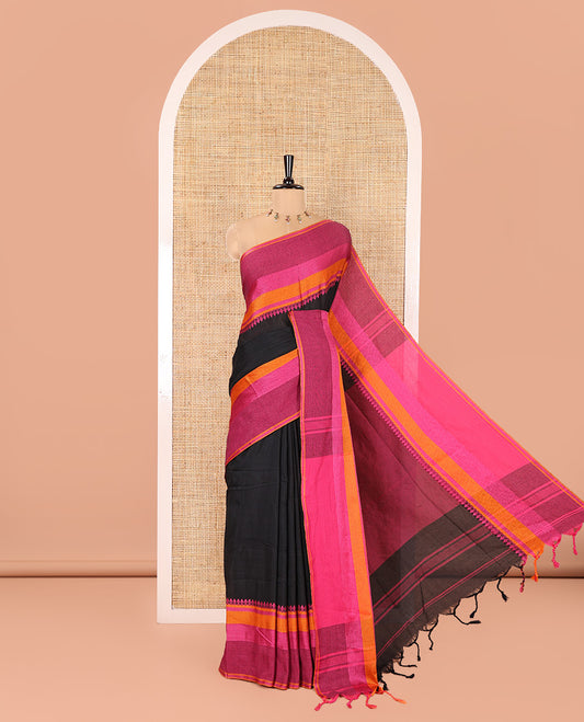 Black Plain Khadi Mul Cotton Saree, Complemented by Contrast Traditional Designs Thread Woven Border, Plain Pallu, and Paired with a Matching Blouse