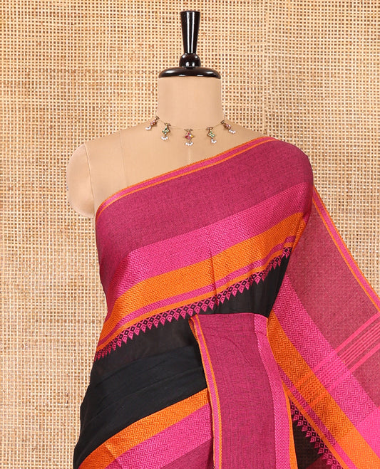 Black Plain Khadi Mul Cotton Saree, Complemented by Contrast Traditional Designs Thread Woven Border, Plain Pallu, and Paired with a Matching Blouse