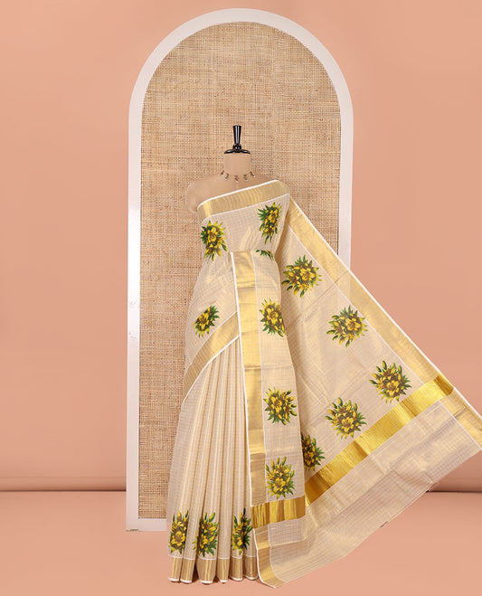 Gold Kerala Tissue Saree, Gleamed Up with Medium-Size Checked and Floral Motifs All Over Its Body, Highlighted by Zari Border, Printed Pallu, and Paired with a Matching Blouse