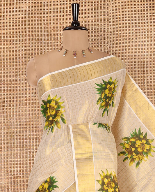 Gold Kerala Tissue Saree, Gleamed Up with Medium-Size Checked and Floral Motifs All Over Its Body, Highlighted by Zari Border, Printed Pallu, and Paired with a Matching Blouse