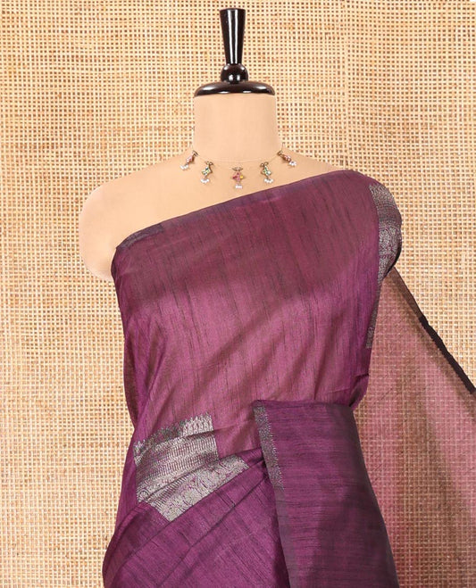 Borderless Purple Vichitra Silk Saree, Adorned with Square Buttas All Over Its Body, Captivating Contrast Pallu of Traditional Designs, and Paired with a Contrast Blouse
