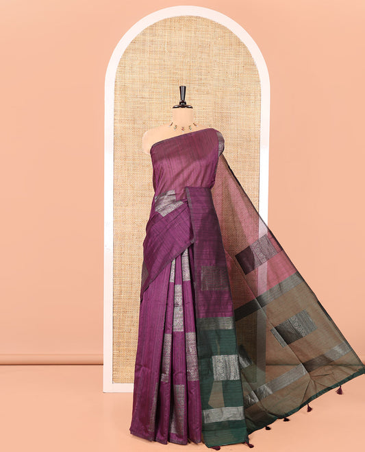 Borderless Purple Vichitra Silk Saree, Adorned with Square Buttas All Over Its Body, Captivating Contrast Pallu of Traditional Designs, and Paired with a Contrast Blouse