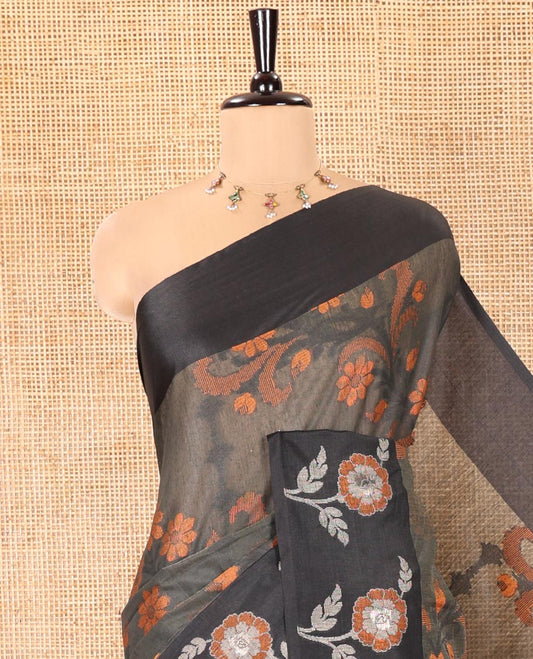 Elephant Grey Chanderi Cotton Saree, Adorned with Floral Designs on Its Body, Complemented by a Contrast Border of Floral Designs, Pallu of Stripes, and Paired with a Matching Blouse