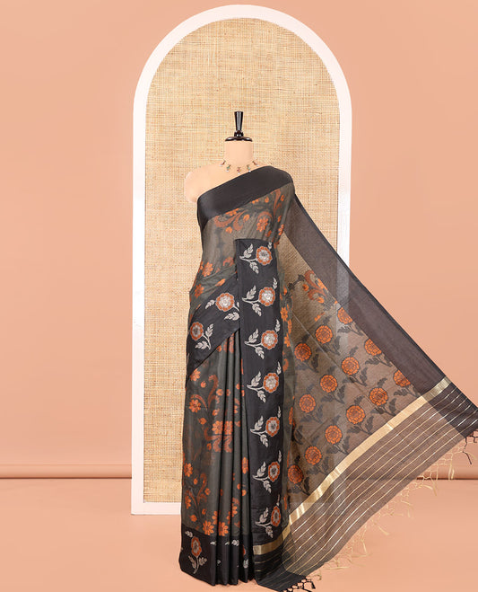 Elephant Grey Chanderi Cotton Saree, Adorned with Floral Designs on Its Body, Complemented by a Contrast Border of Floral Designs, Pallu of Stripes, and Paired with a Matching Blouse