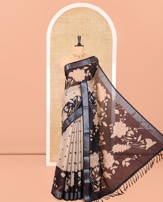 Chikku Linen Cotton Saree, Beautified with Silhouette-Style Floral Vine Printed on Its Body, Subtly Zari Bavanji Border, Pallu of Same Floral Print, and Paired with a Matching Blouse