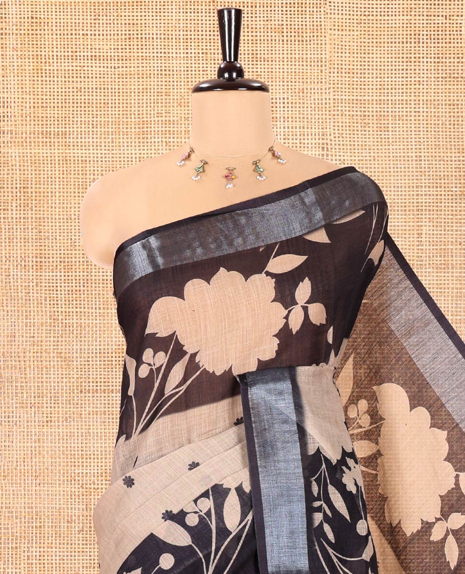 Chikku Linen Cotton Saree, Beautified with Silhouette-Style Floral Vine Printed on Its Body, Subtly Zari Bavanji Border, Pallu of Same Floral Print, and Paired with a Matching Blouse