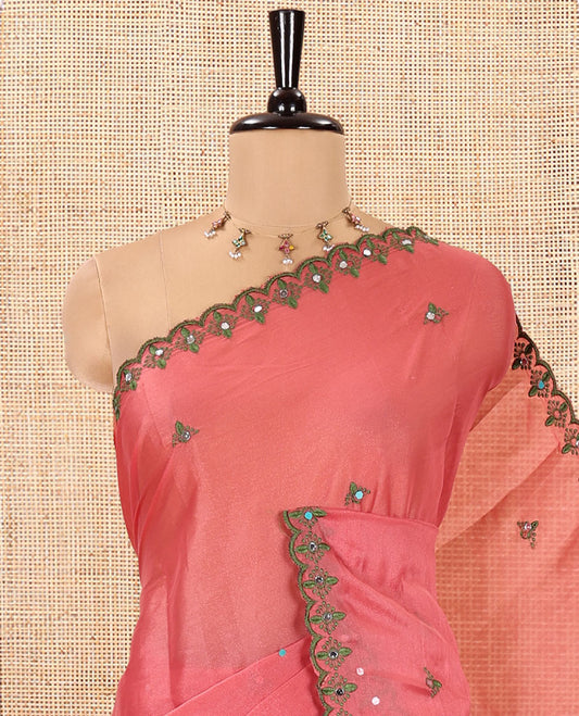 Pink Rangoli Chiffon Saree, Finely Crafted with Thread and Mirror Work Buttas on Its Body, Subtle Scallop Embroidered Border, Embroidered Pallu, and Paired with a Contrast Mirror Work Blouse