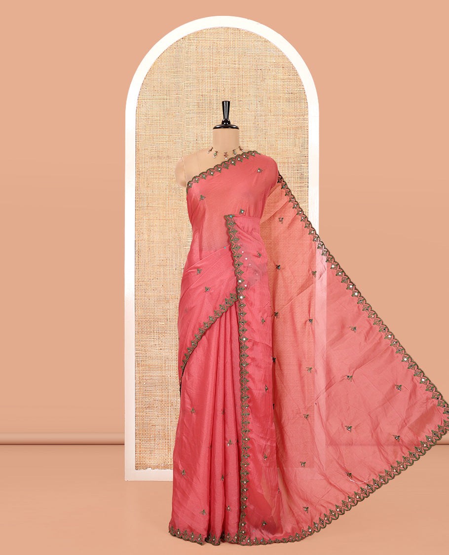 Pink Rangoli Chiffon Saree, Finely Crafted with Thread and Mirror Work Buttas on Its Body, Subtle Scallop Embroidered Border, Embroidered Pallu, and Paired with a Contrast Mirror Work Blouse