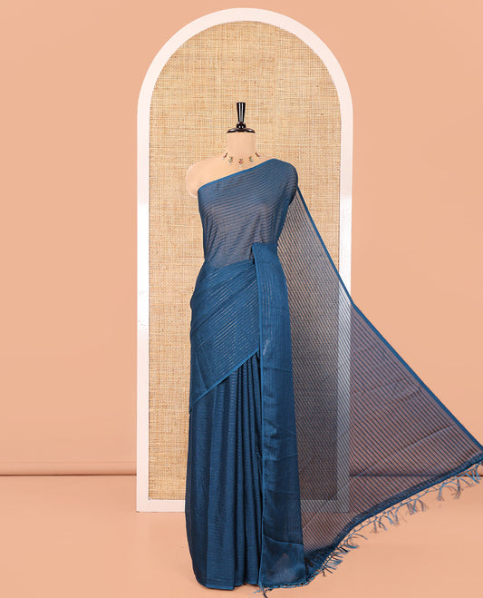 Borderless Blue Chiffon Saree, Gleamed Up with Horizontal Stripes on Its Body, a Self-Pallu, and Comes Without a Blouse