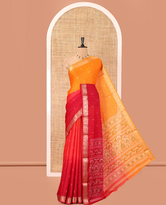 Orange-Pink Candy Chiffon Saree Features Ombre Dye and Embossed Texture, Floral Creeper Border, Intricate Pallu, Contrast Blouse