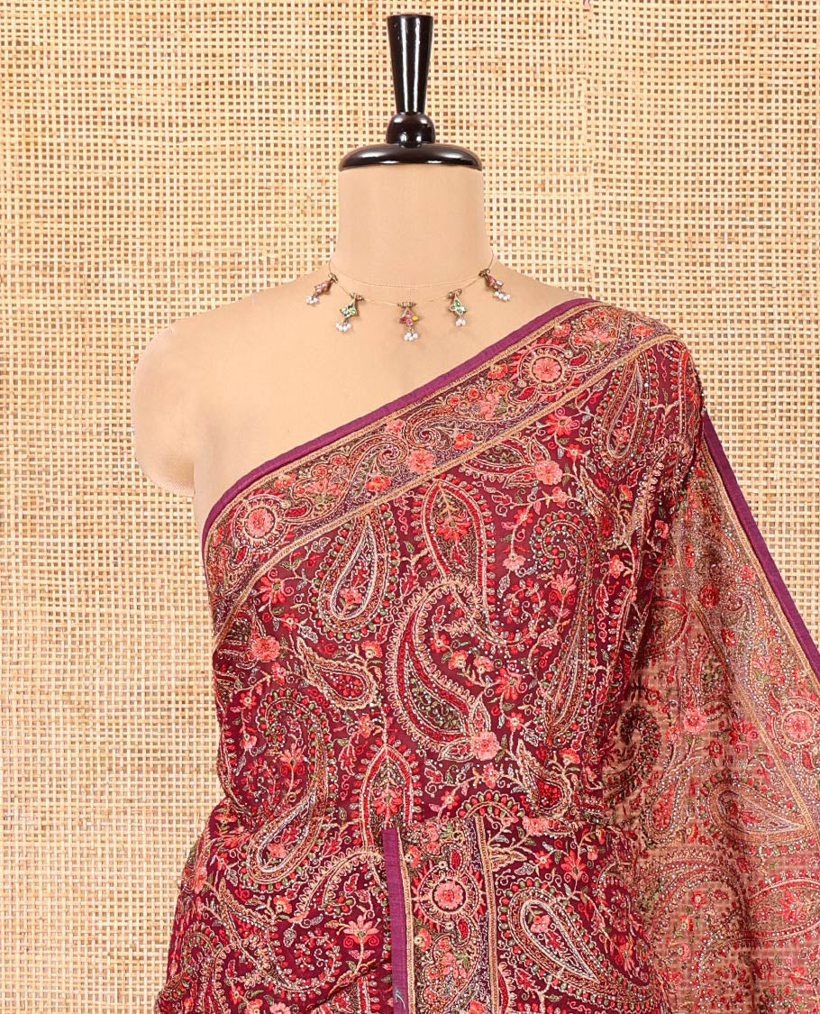 Wine Georgette Saree, Accentuated with Intricate Paisleys, Kashmir Embroidered and Stone Work on Its Body, a Self-Embroidered Border, and Paired with an Embroidered Blouse