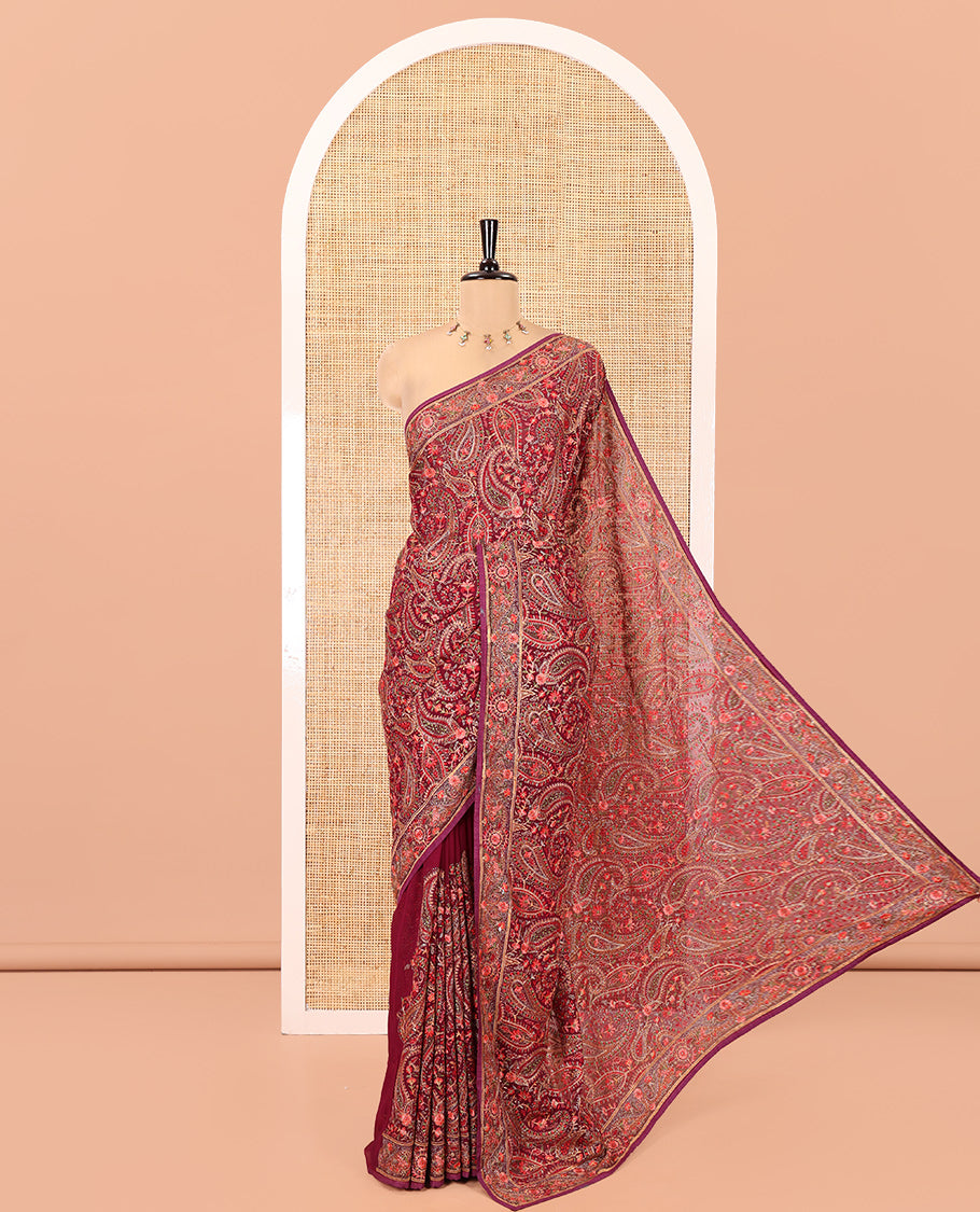 Wine Georgette Saree, Accentuated with Intricate Paisleys, Kashmir Embroidered and Stone Work on Its Body, a Self-Embroidered Border, and Paired with an Embroidered Blouse