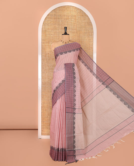 Onion Pink Negamam Cotton Saree, Subtly Adorned with Vertical and Horizontal Stripes All Over Its Body, Complemented by a Contrast Temple Border, a Subtle Pallu, and Paired with a Matching Blouse