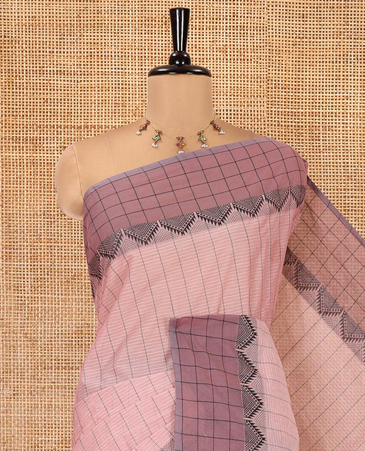 Onion Pink Negamam Cotton Saree, Subtly Adorned with Vertical and Horizontal Stripes All Over Its Body, Complemented by a Contrast Temple Border, a Subtle Pallu, and Paired with a Matching Blouse