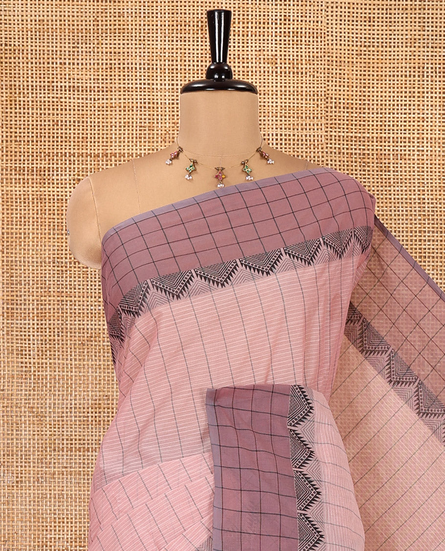 Onion Pink Negamam Cotton Saree, Subtly Adorned with Vertical and Horizontal Stripes All Over Its Body, Complemented by a Contrast Temple Border, a Subtle Pallu, and Paired with a Matching Blouse