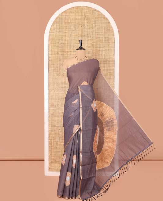 Borderless Brown Linen Cotton Saree, Showcasing Shibori Printed on Its Body, Complemented by a Shibori Printed Pallu, and Paired with a Matching Shibori Printed Blouse