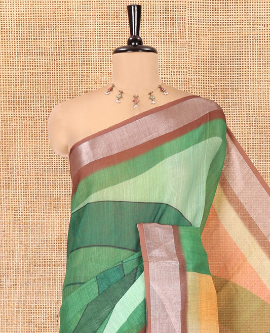 Green Linen Cotton Saree, Boldly Accentuated with Geometric Print on Its Body, Complemented by a Contrast Plain Border, a Circle-Motifs Printed Pallu, and Paired with a Contrast Blouse