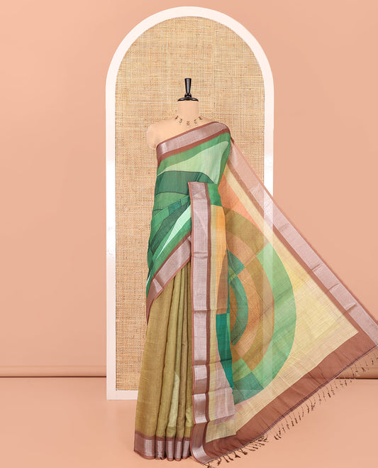 Green Linen Cotton Saree, Boldly Accentuated with Geometric Print on Its Body, Complemented by a Contrast Plain Border, a Circle-Motifs Printed Pallu, and Paired with a Contrast Blouse