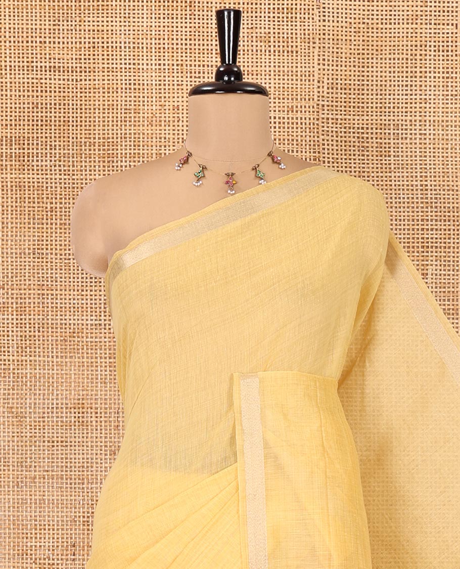 Yellow Plain Jamdani Cotton Saree, Highlighted by a Golden Zari Border, Pallu of Kashmiri-Style Weaving, and Paired with a Contrast Striped Blouse
