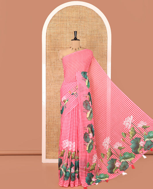 Borderless Pink Linen Cotton Saree, Accentuated with Micro-Checks and Pichwai Lotus Print, a Subtle Pallu, and a Matching Blouse