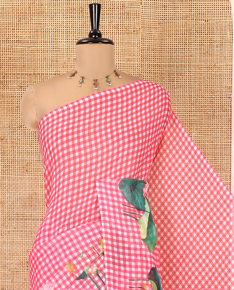 Borderless Pink Linen Cotton Saree, Accentuated with Micro-Checks and Pichwai Lotus Print, a Subtle Pallu, and a Matching Blouse